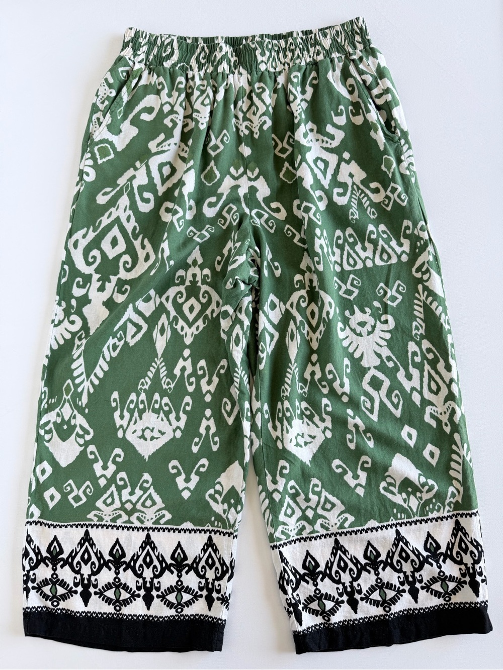 Haute Hippie Linen Blend Wide Leg Crop Pants Green Ikat Print Size 1X